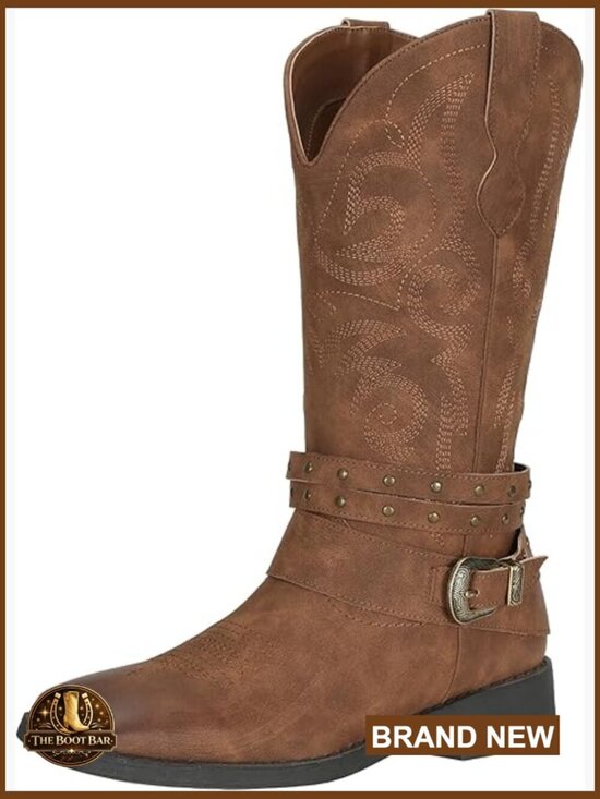 Shoes - Faux Leather Square Toe Cowboy Boots with Detachable Buckles Pull On